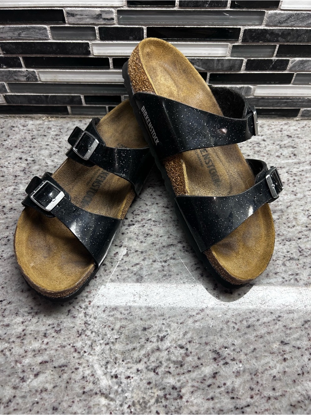 Birkenstock Arizona Black Glitter Double Strap Sandals size 8